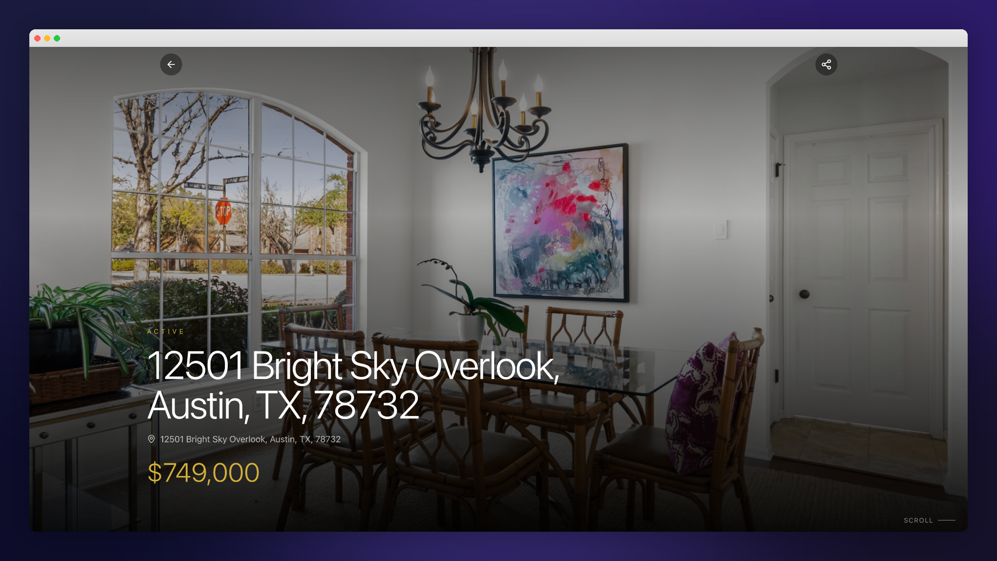 Example listing page in the Dark Cinematic theme — a Texas property with hero image, address, and price.